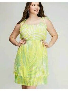 Lane Bryant 26/28 Yellow & Green Pleated Asymmetrical Hem Dress With Tie Straps